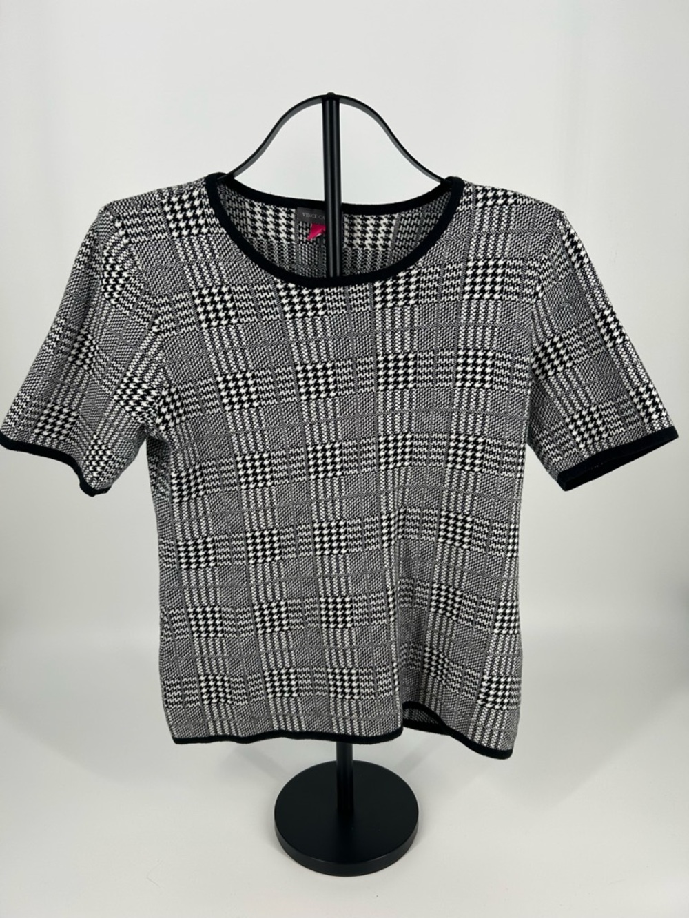 Vince Camuto Black and White Glen Plaid Short Sleeve Top